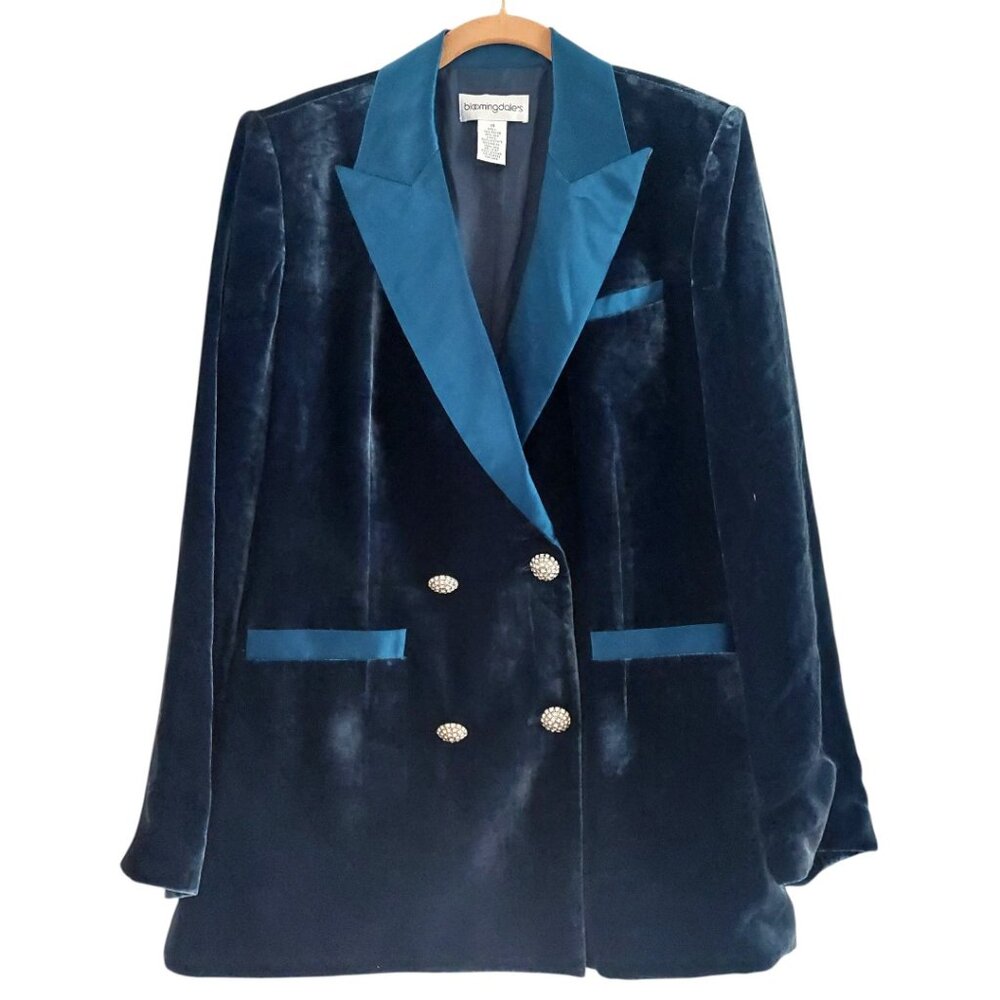 Vintage Bloomingdale’s Dark Blue Velveteen Blazer Silk Accents 14
